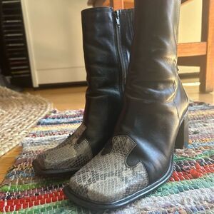 Diba Y2K Black and Brown Heeled Boots with Textured Toe 7